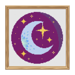 Cross Stitch Pattern Blue Crescent Moon with Stars Gift PDF Download