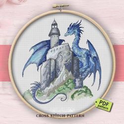 Cross Stitch Pattern Blue Fantasy Magic Dragon PDF Download