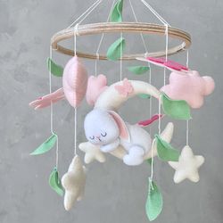 Butterfly and bunny mobile baby girl, Woodland nursery mobile girl, Bunny crib mobile girl