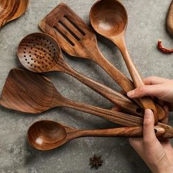 5PCS Thailand Teak Cooking Spoon Set - Natural Wooden Kitchen Utensils for Ladles, Turners, Colanders, Skimmers, and Sco