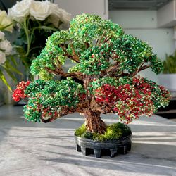 Realistic Large Handmade Green and Red Beaded Bonsai Tree with Moss Base