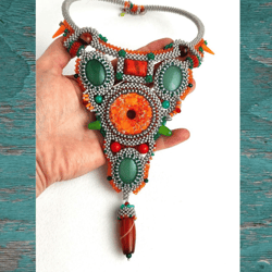 Abstract necklace beaded simmetrical pendant with jade, carnelian, agate, coral, quartz