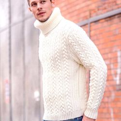 Men's sweater pullover jumper with a high collar fisherman cable aran made of merino, or wool, or alpaca