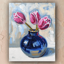 Tulip Painting Original Oil Art Stretched Canvas Pink Flowers Artwork 8" x 10"