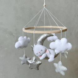 Bunny on the Moon mobile silver, Neutral baby mobile woodland, Neutral crib mobile bunny