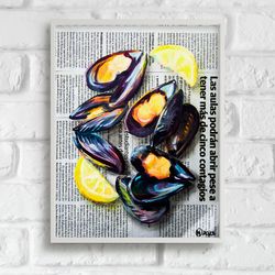Mussels Painting Shell Oil Original Art Newspaper Oyster Wall Art Retro with Italian Food Seafood for Trendy Dining Room