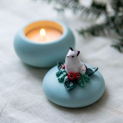 Arctic Fox and Berry Tea Light Candle Holder, Whimsical Plaster Trinket Box for Cozy Home Decor, Cute Fox Lover's Gift