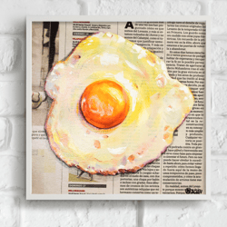 Fried Egg Painting Newspaper Art Oil Painting 3D Original Food Art Impasto Still Life for Breakfast Wall Decor Cafe