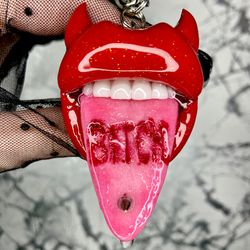 Polymer clay lips necklace Bitch