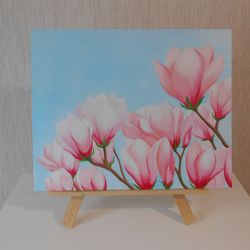 Blooming magnolia. Oil painting.