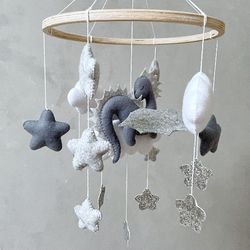 Dragon baby mobile neutral, Gray and silver crib mobile baby
