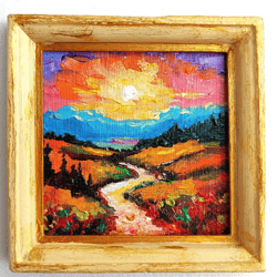 Vivid landscape painting original oil art road sunset 3 by 3 inches