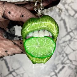 Polymer clay Necklace lips lime