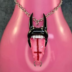 Polymer clay necklace lips with bloody cross