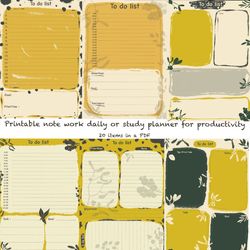 Printable note work daily or study planner for productivity