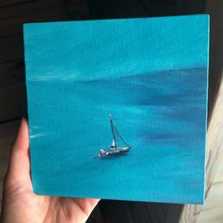 Seascape Painting Small Original Art Boat Oil Painting 15x15 cm