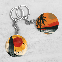 Sunset Beach Keychain Designs, Tropical Keychains, Surfboard Sublimation Design