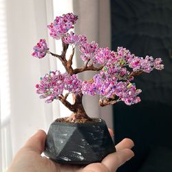 Handmade Decorative Wire Cherry Blossom Tree with Purple Beads - Contemporary Minimalistic Home Accessory