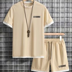 manfinity hypemode men letter graphic contrast trim tee & drawstring waist shorts
