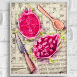 Fruit Painting Food Original Oil Art Newspaper 8 by 10 Dragon Pitahaya Wall Art Impasto Small Still Life Kitchen Art