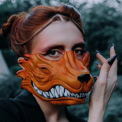 Japanese Kitsune half mask, Half Face Wolf mask, the nine tail fox, Anime mask, Orange Fox mask, kitsune fox mask