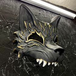Japanese Grey Kitsune Half mask, Gold and Black Wolf half mask, Japanese Black Fox mask wearable, Anime Cosplay mask