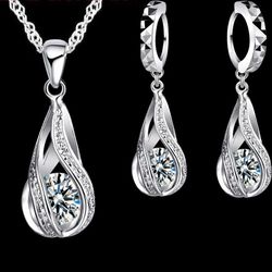 925 Sterling Silver Jewelry Set: Hot Water Drop Pendant Necklace & Hoop Earrings for Women - Wedding Party and Ceremony