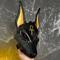 Egyptian Black Anubis Mask with Ankh, Cosplay Face Mask Costume, Wolf Head Jackal Animal mask, Egyptian Wall Decor