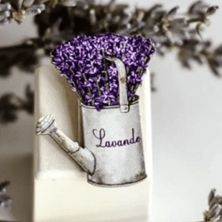 lavender in a watering can brooch, wooden flower brooch, miniature wood brooch