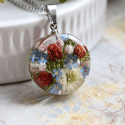 Real strawberry pendant. Real forget-me-not necklace. Real Flowers in resin.