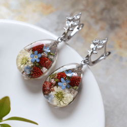 Earrings with strawberry. Real strawberry and forget-me-not earrings. Real strawberry in resin.
