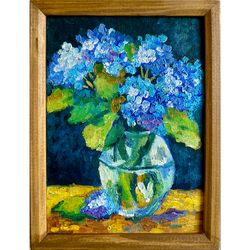 Hydrangea painting, Original framed flower art, Blue flowers painting, floral home decor, Still life painting