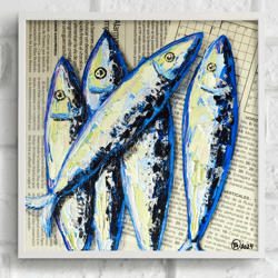 Sardine Fish Blue Oil Painting Textured French Impasto Painting Mermaid Vintage Wall Art