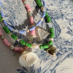 Shop Vibrant Beach and Summer Necklaces/Chokers: Green, Pink, and Blue with Seashells, Pearls, and Hearts, Beach chokers