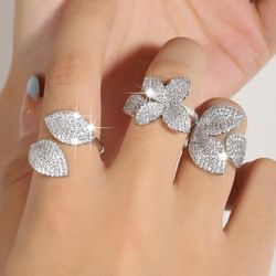 rakol adjustable flower leaf ring: delicate silver zircon jewelry for women - perfect for fashion, wedding, and parties!
