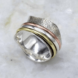 Fidget Spinner Ring For Women Anxiety, 925 Sterling Silver Handmade Textured And Hammered Wide Band Ring, Gift For Her