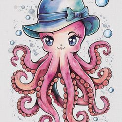 Adorable cartoon octopus with stylish hat.