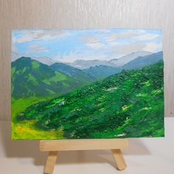 Mountains. Miniature in oil paints.