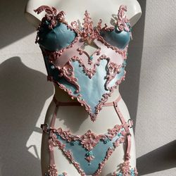Sexy harnss set, Genuine leather bra panties corset, porcelain corset, women's leather corset