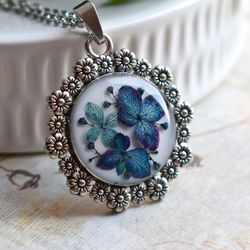 Real flower necklace. Real hydrangea pendant. Flowers in resin.