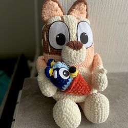 Handmade toy set of pregnant Chilli Heeler and newborn Bluey. Perfect gift for fans of the popular children's TV show.