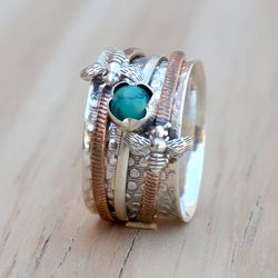 Honey Bee Fidget Spinner Women Ring, Turquoise & Sterling Silver Handmade Unique Jewelry, Antique Gift For Her