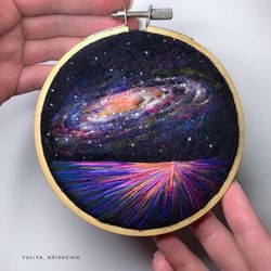 Embroidered and needle felted painting, mountainscaape, Space artwork