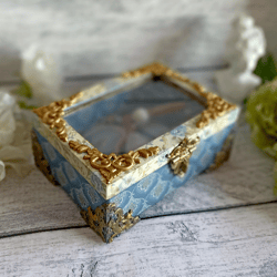 Blue jewelry box, Chinoiserie style box, gift box, anniversary gift, box with glass lid, treasure box, box with dragons