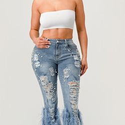 distressed pearl embellished feather jeans