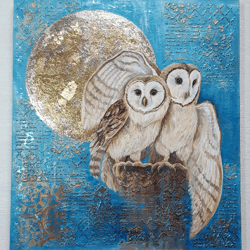 acrylic painting on canvas Ssunny owls . Elements of three-dimensional decor and golden patina . Medium size