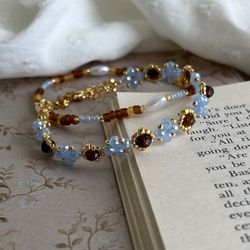 Stone jewelry: Dainty beaded blue and brown bracelet, Aesthetic bracelets , Adjustable bracelet with stone chain