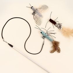 interactive funny cat toy wand with dr. dc steel wire, feather, bell – long teasing stick for cats