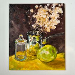 still life apple and fluffy grass bouguet original oil painting, glass art