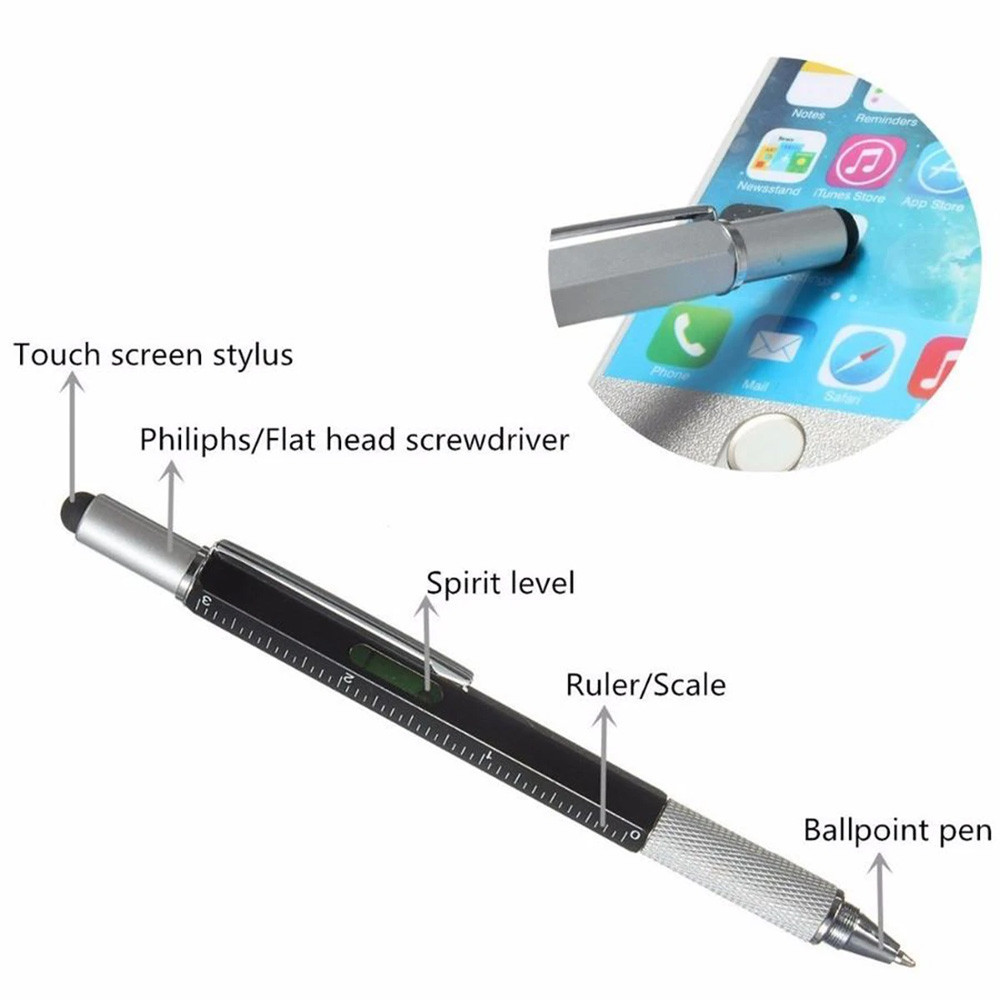 6 In 1 Multi-Functional Stylus Metal Ruler Pen with Level & Screwdriverblack